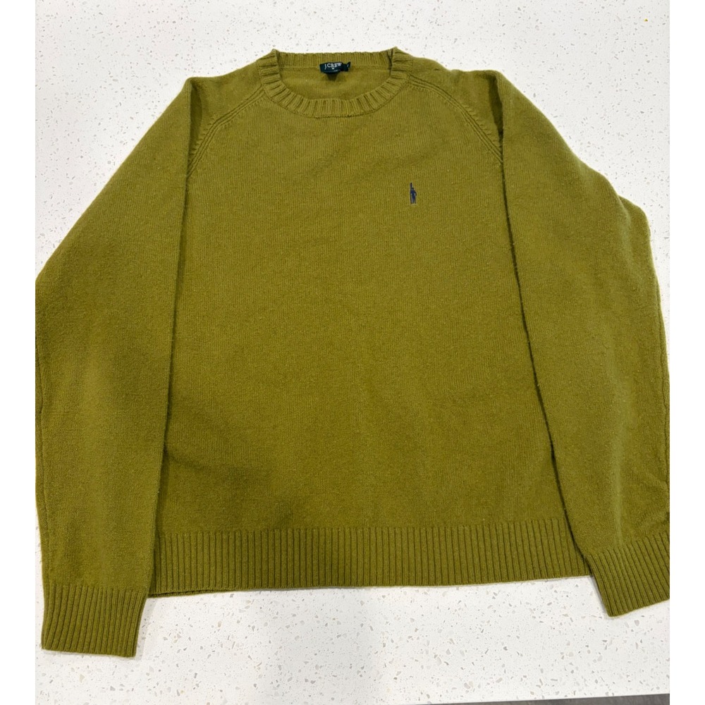 J.Crew Mens XL Lambswool Crewneck Sweater Olive Green Skier Logo Grandpacore